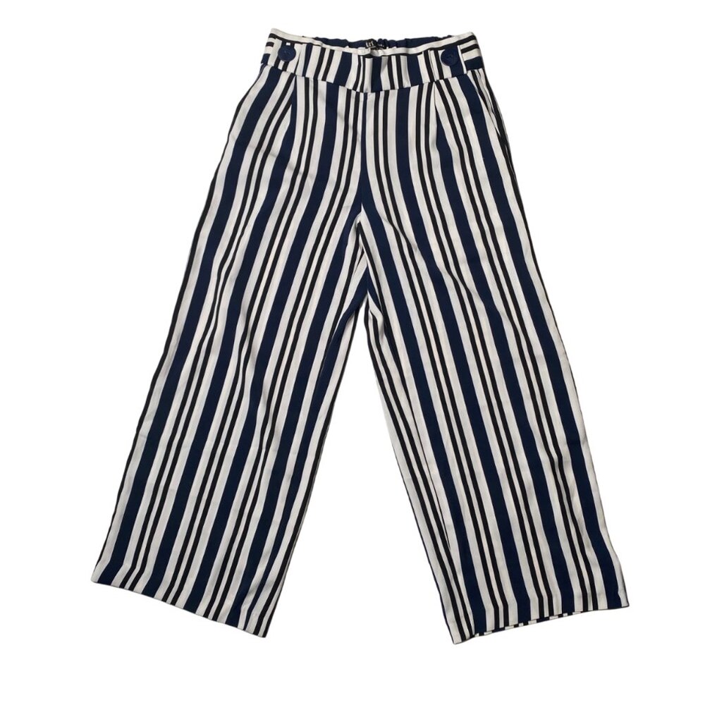 Zara Women's Navy and White Wide Leg Stripe Pants, size Extra Small